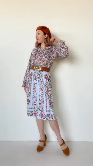 1970s Light Blue Floral Long Sleeved Dress, sz. M