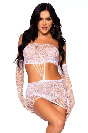 2 Piece Strappy Lace Tube Dress & Matching Gloves