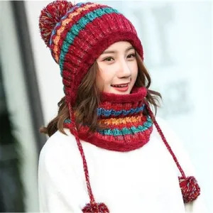 2 Pieces Big Pom Pom Ball Casual Warm Knitted Winter Beanie & Scarf