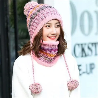 2 Pieces Big Pom Pom Ball Casual Warm Knitted Winter Beanie & Scarf