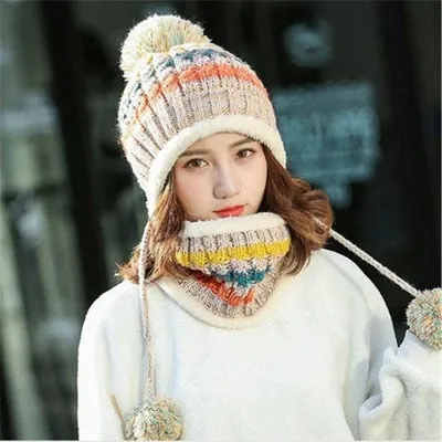 2 Pieces Big Pom Pom Ball Casual Warm Knitted Winter Beanie & Scarf