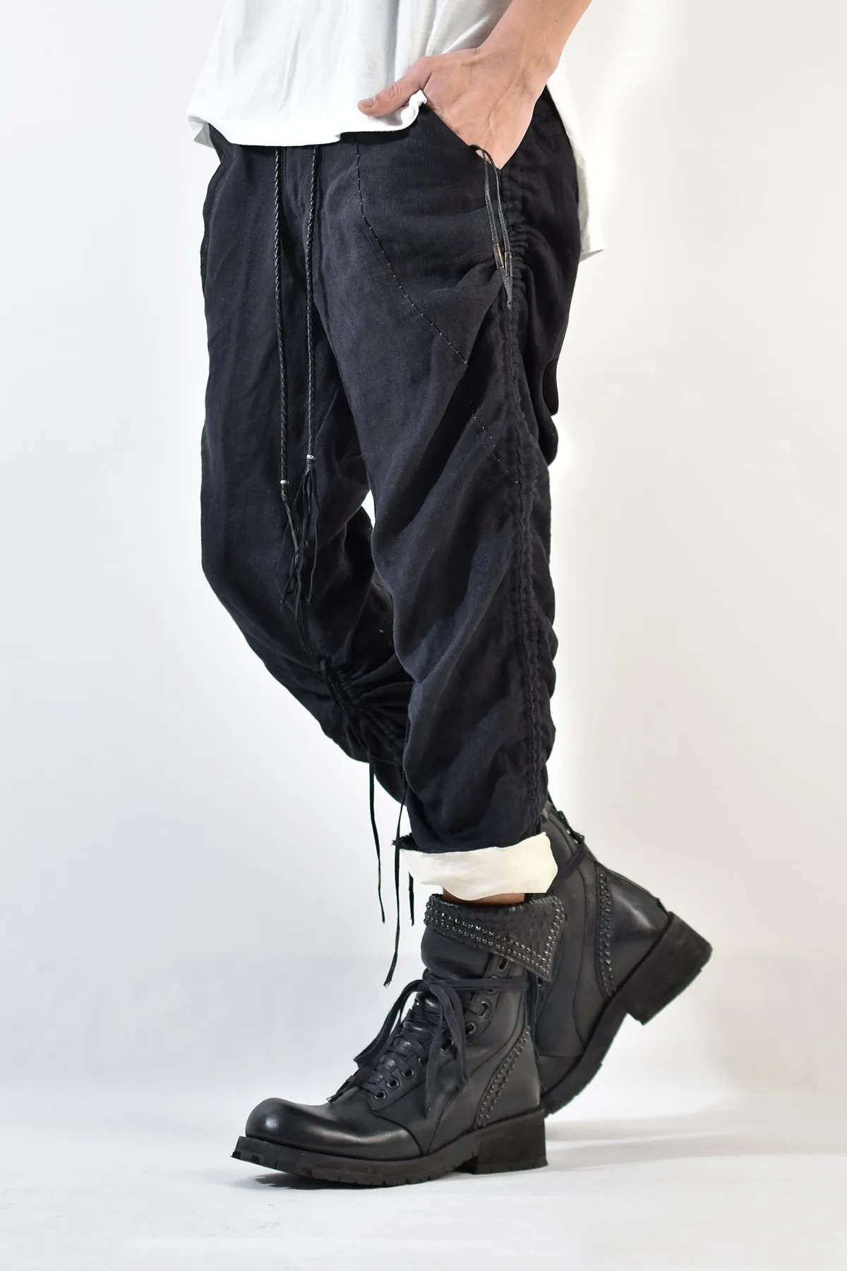 2001-PT02A Shirring Linen Layered Pants Black