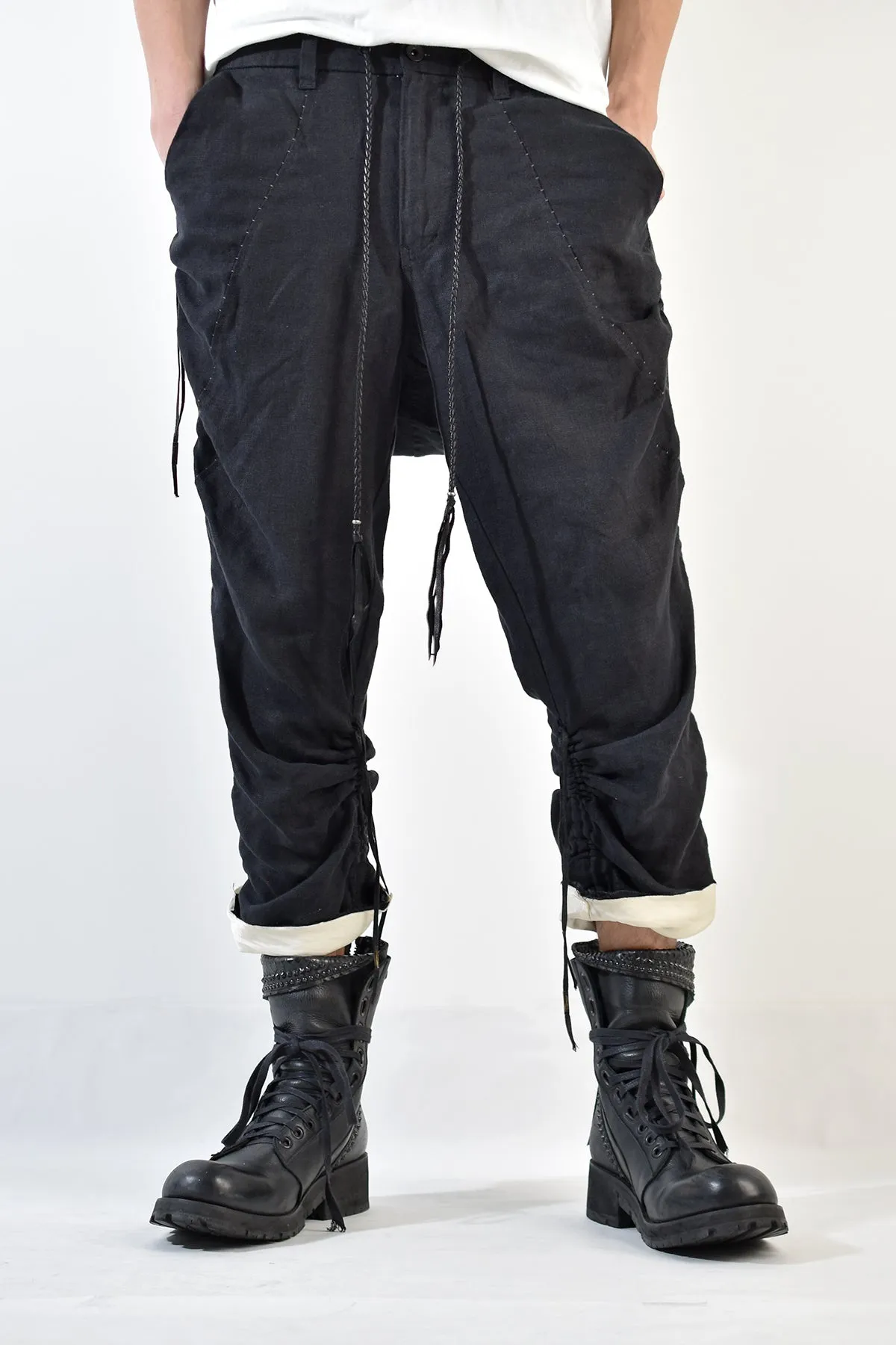 2001-PT02A Shirring Linen Layered Pants Black