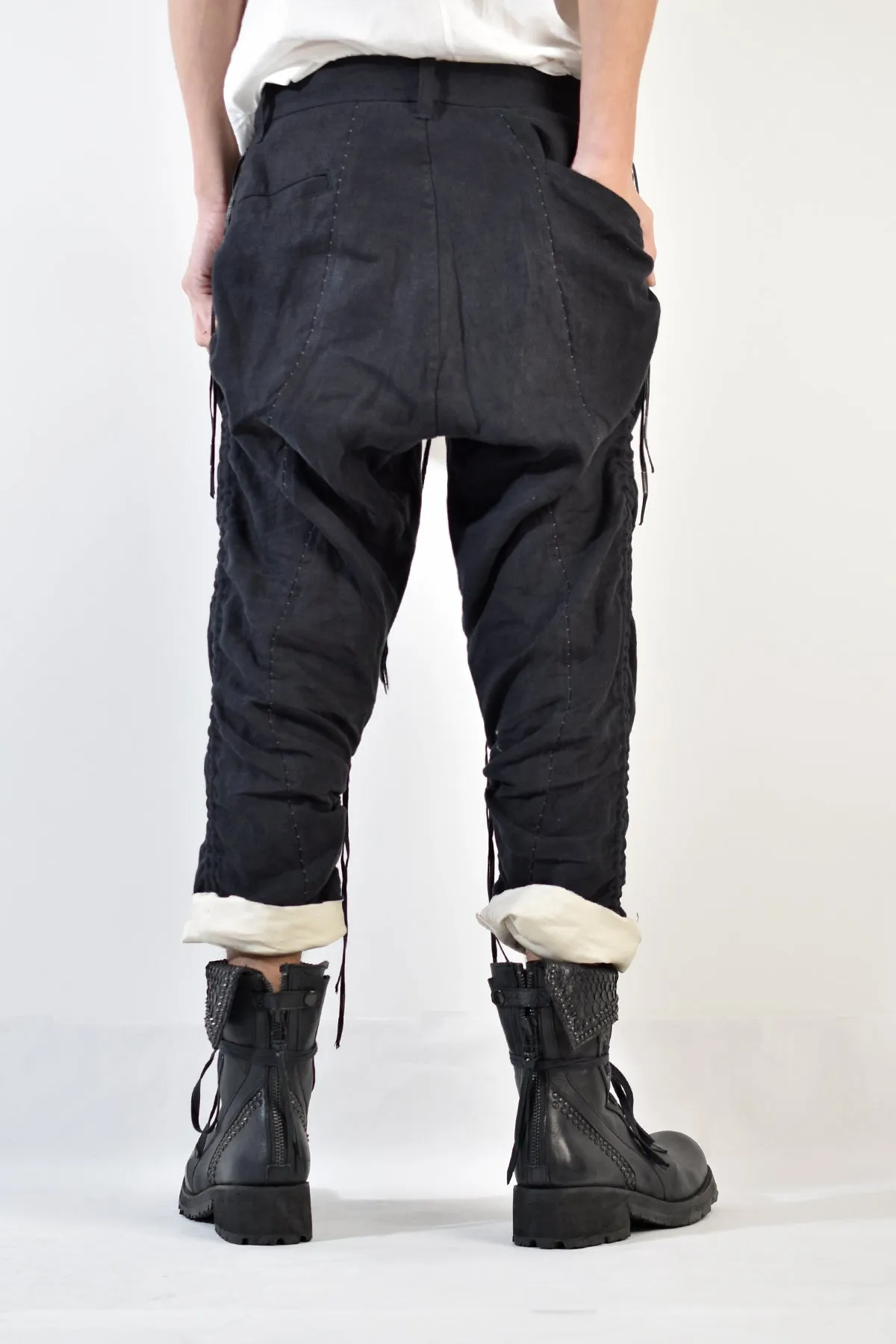 2001-PT02A Shirring Linen Layered Pants Black