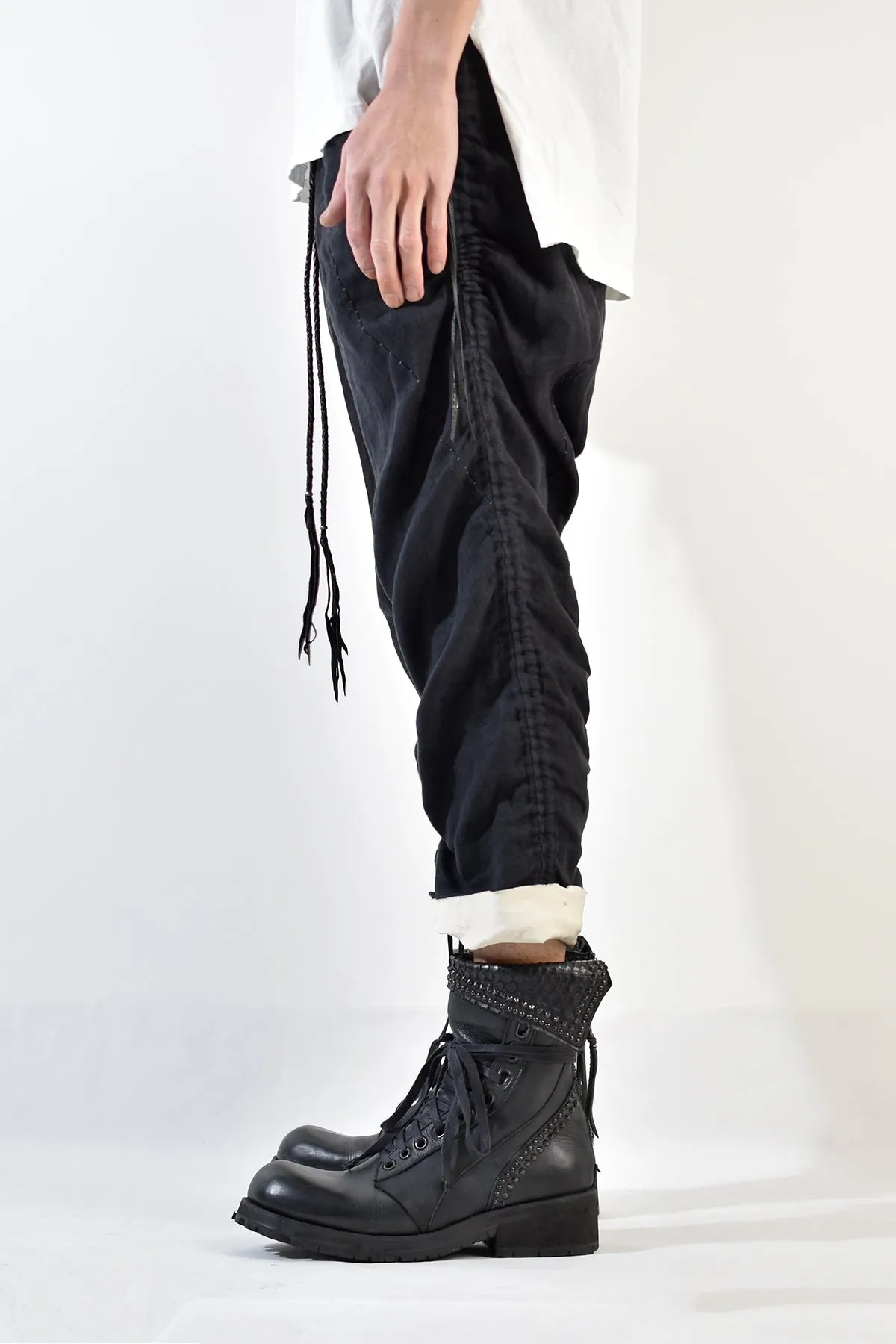 2001-PT02A Shirring Linen Layered Pants Black