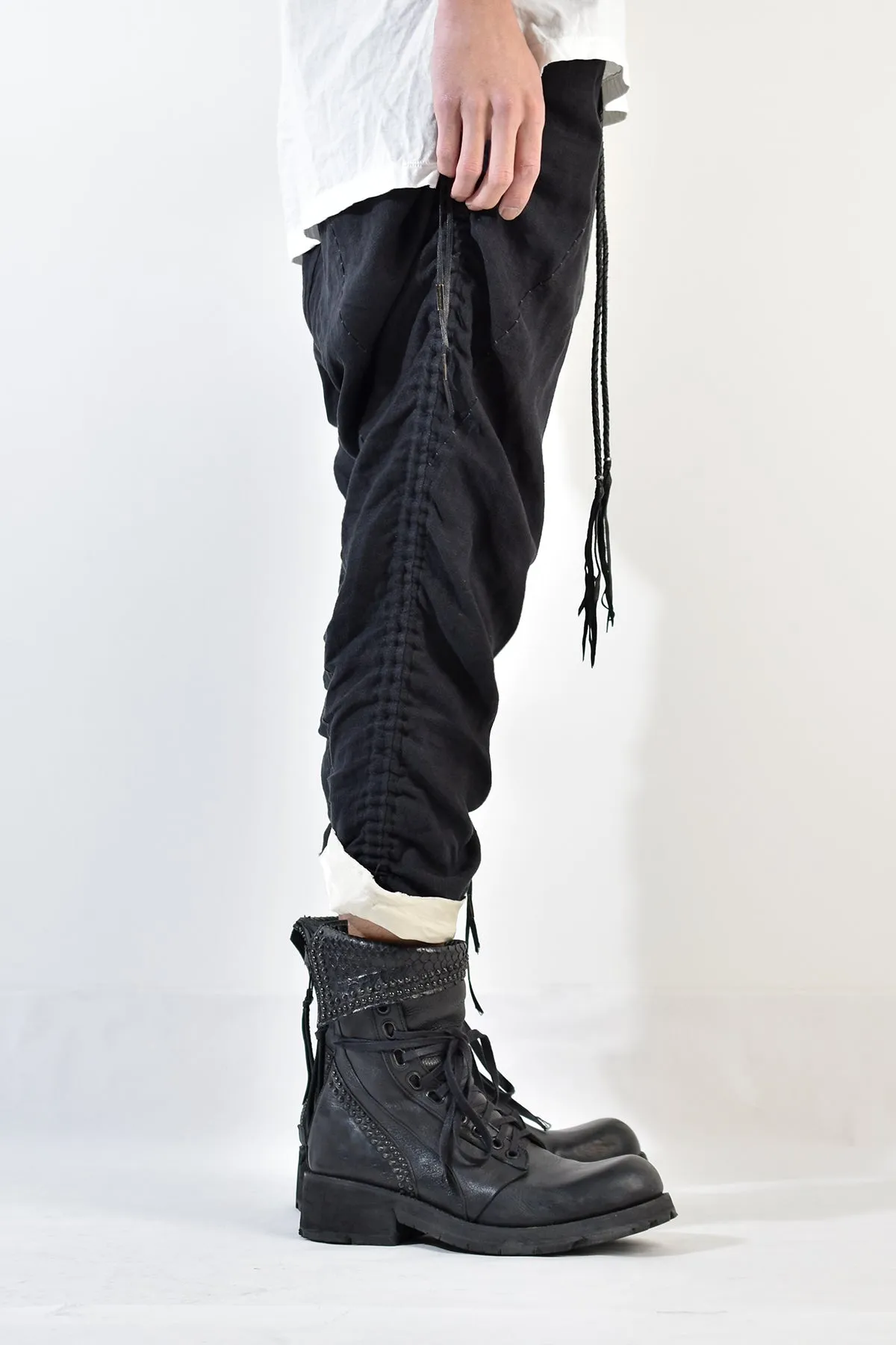 2001-PT02A Shirring Linen Layered Pants Black