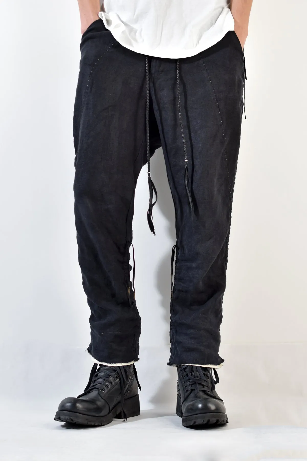 2001-PT02A Shirring Linen Layered Pants Black