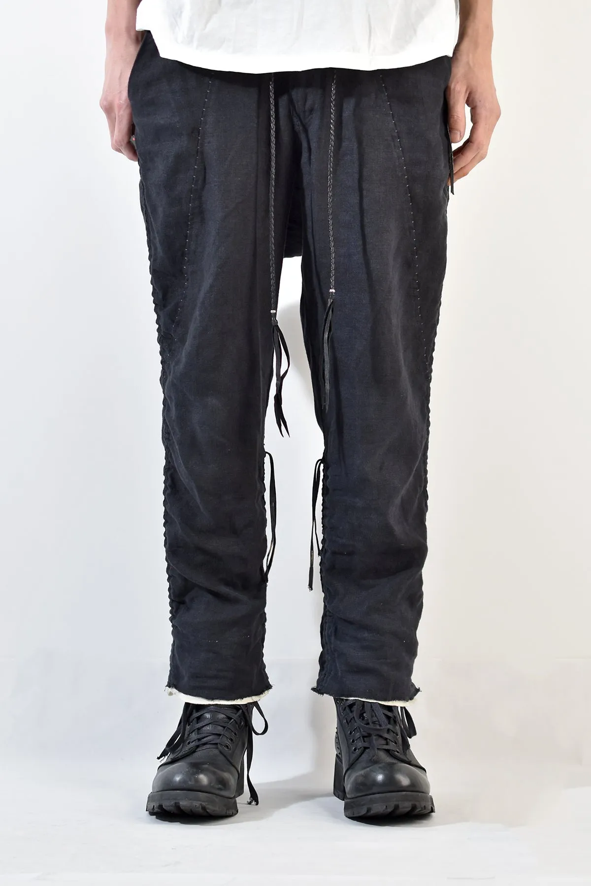 2001-PT02A Shirring Linen Layered Pants Black