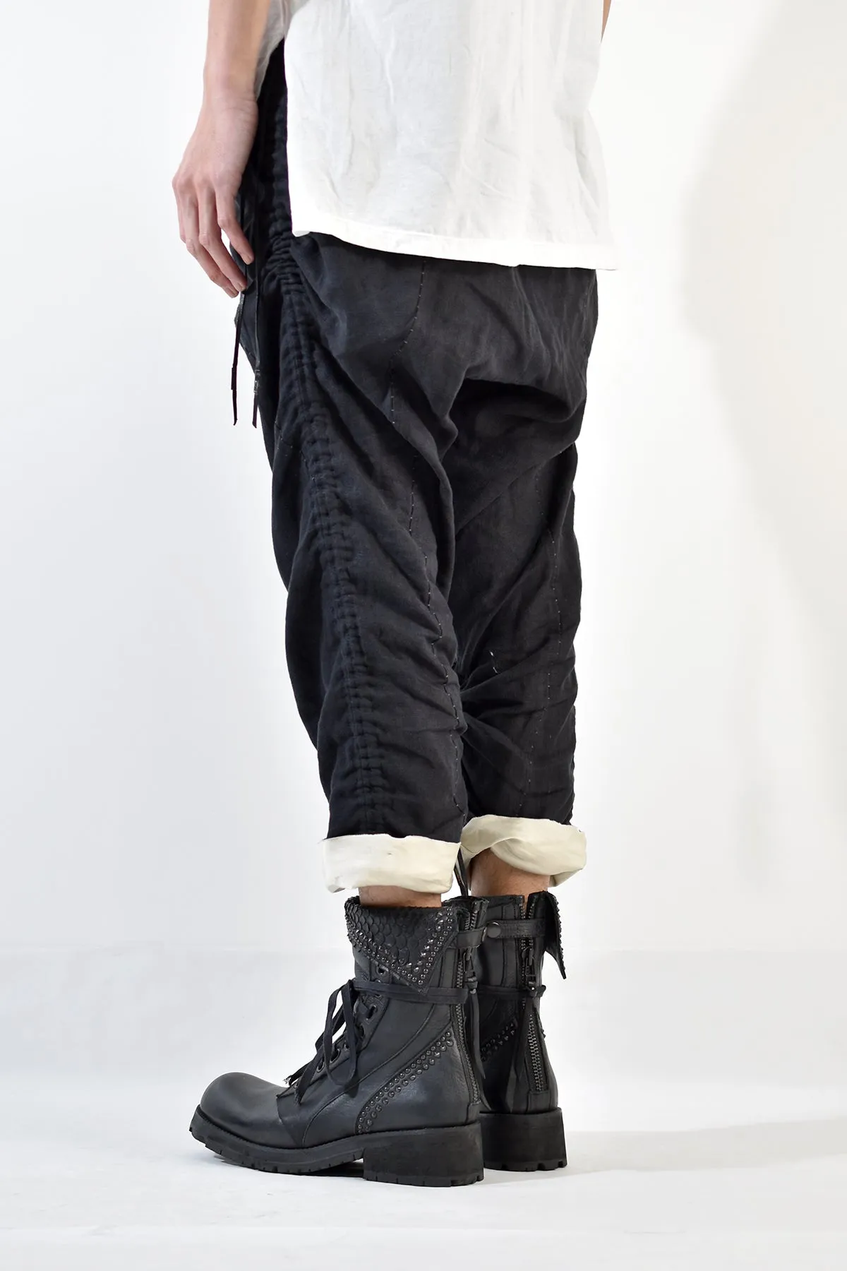 2001-PT02A Shirring Linen Layered Pants Black