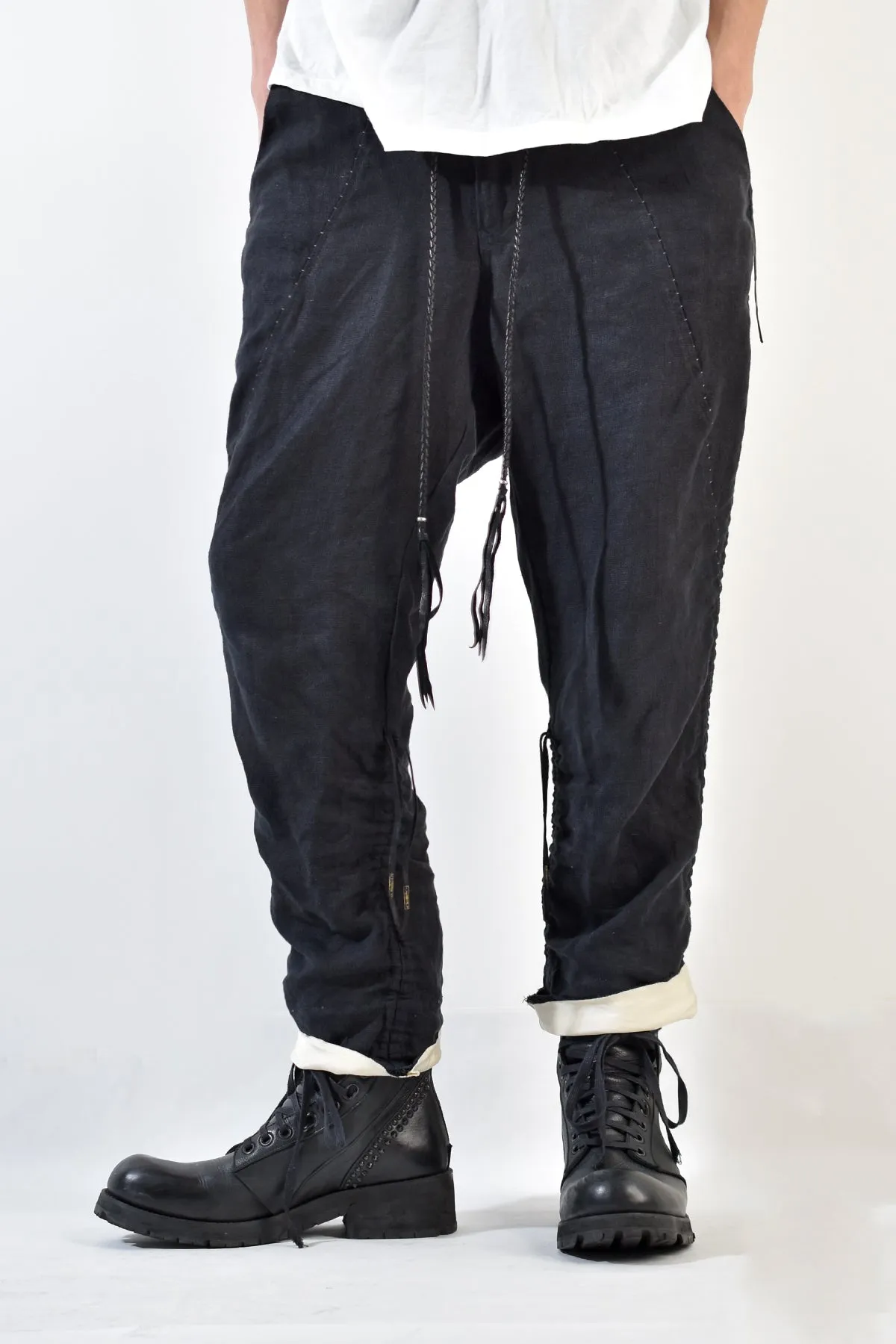 2001-PT02A Shirring Linen Layered Pants Black