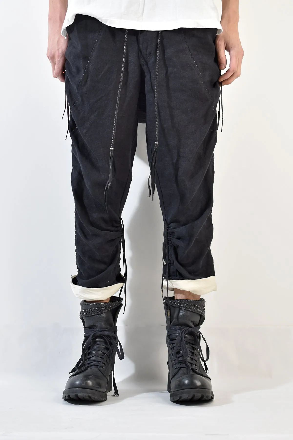 2001-PT02A Shirring Linen Layered Pants Black