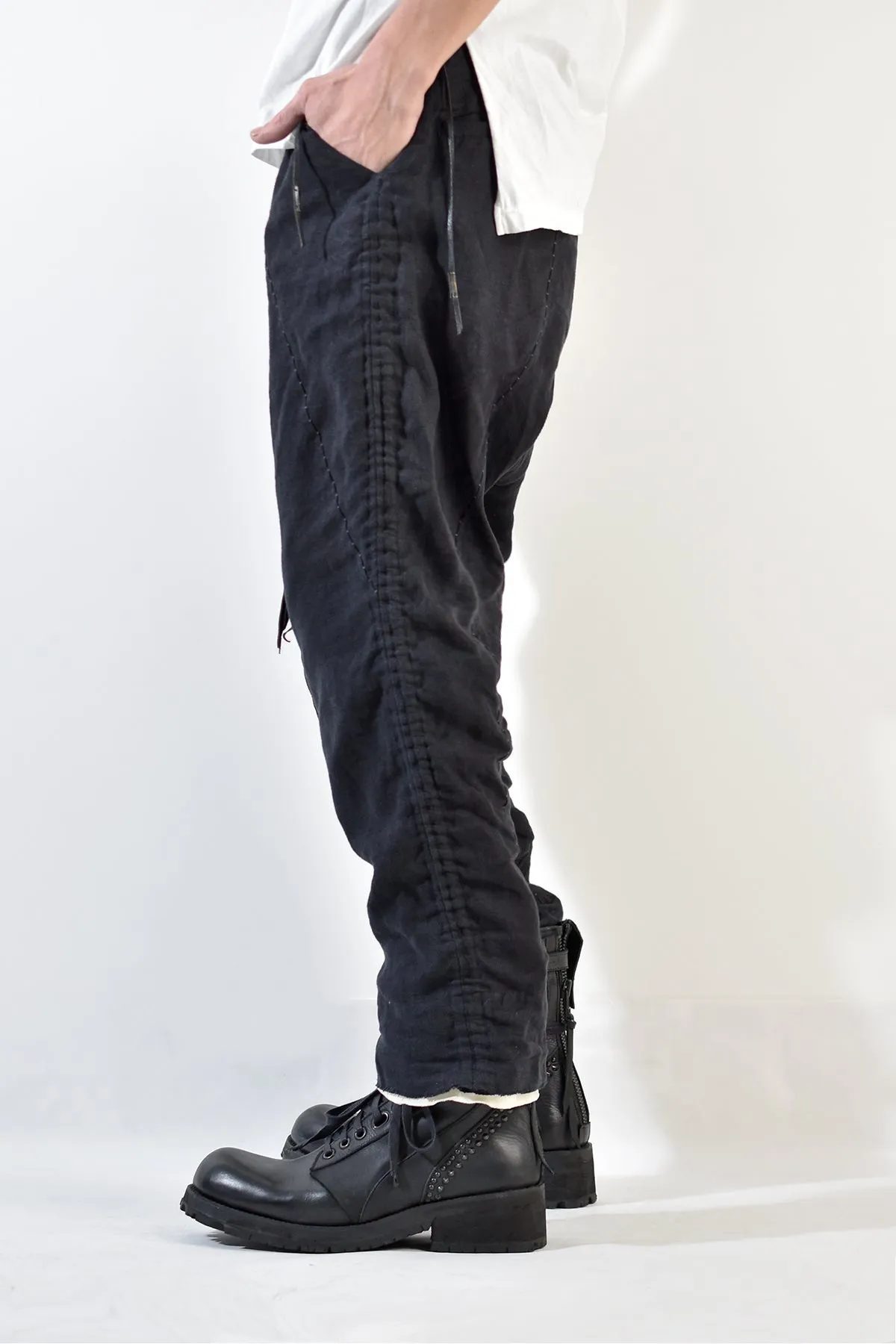 2001-PT02A Shirring Linen Layered Pants Black