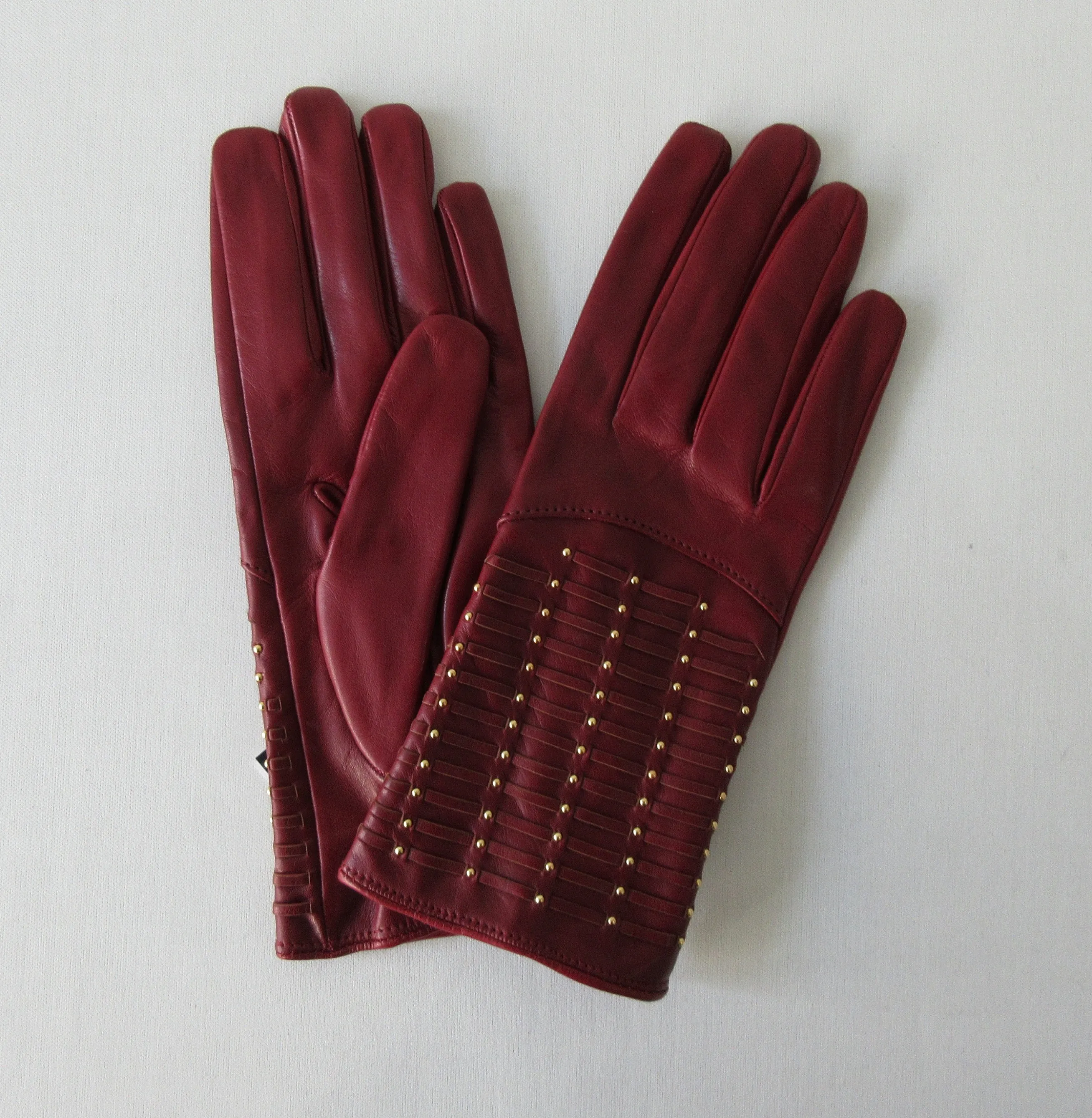 20G16 -Gala Gloves Deep Red with Gold Studs Over Weave