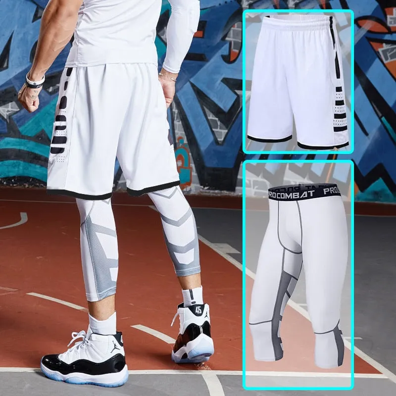 2pcs Set Men Running Compression Sweatpants Gym Jogging Leggings Basketball Football Shorts Fitness Clothes Tight Sport Pants v2