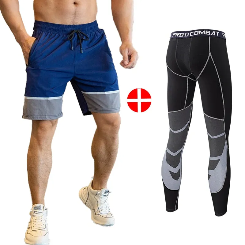 2pcs Set Men Running Compression Sweatpants Gym Jogging Leggings Basketball Football Shorts Fitness Clothes Tight Sport Pants v2