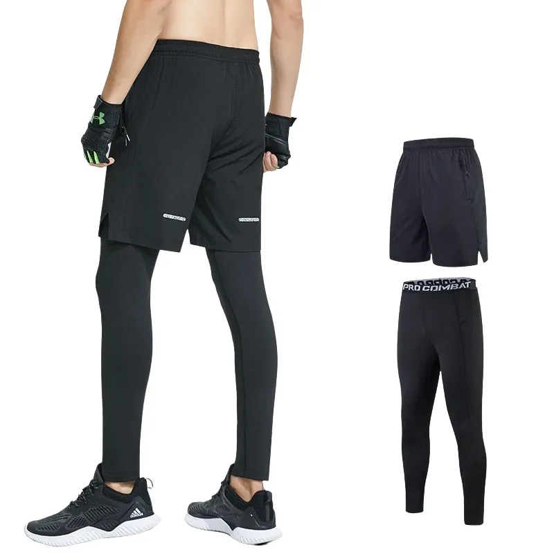 2pcs Set Men Running Compression Sweatpants Gym Jogging Leggings Basketball Football Shorts Fitness Clothes Tight Sport Pants v2