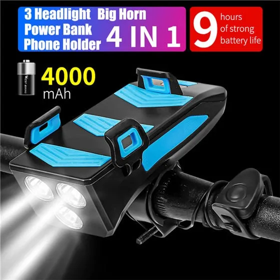 4 In 1 Bike Lamp Front Horn Light Phone Holder Alarm Bell Power Bank MTB Bike Accessories Cycling LED Flashlight