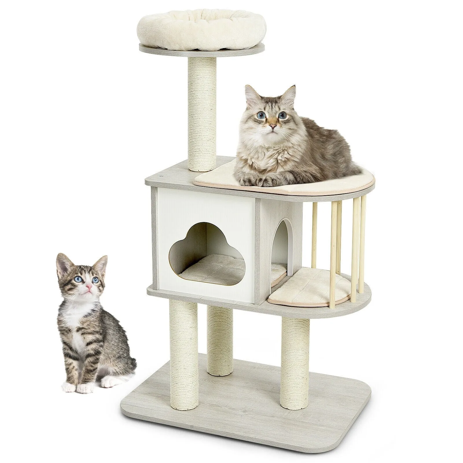 46" Wooden Cat Tree with Platform and Cushions - Grey