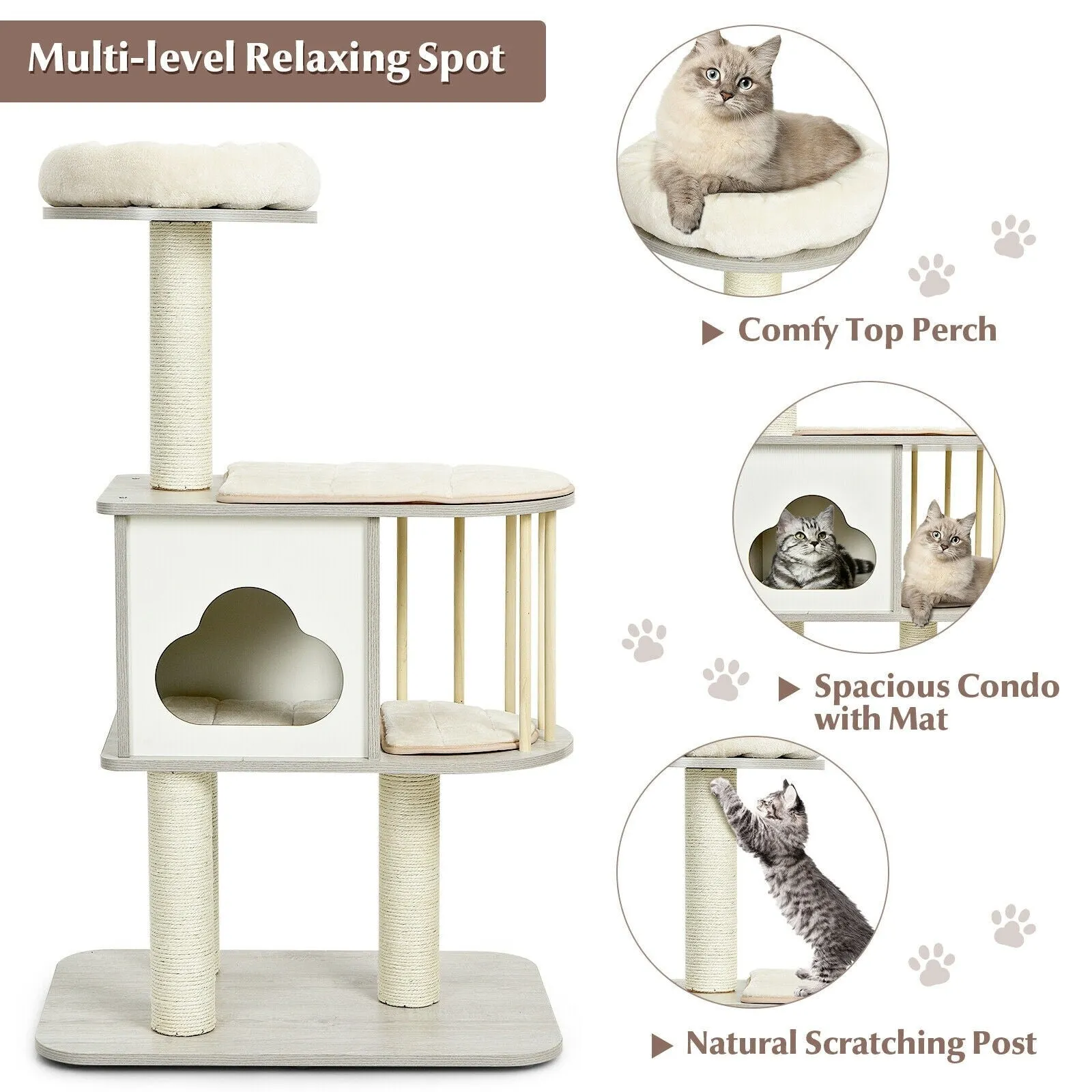 46" Wooden Cat Tree with Platform and Cushions - Grey