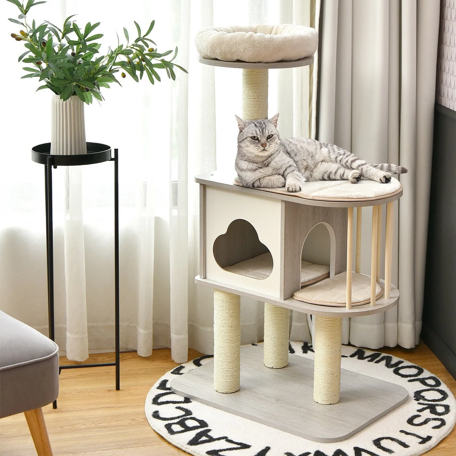 46" Wooden Cat Tree with Platform and Cushions - Grey