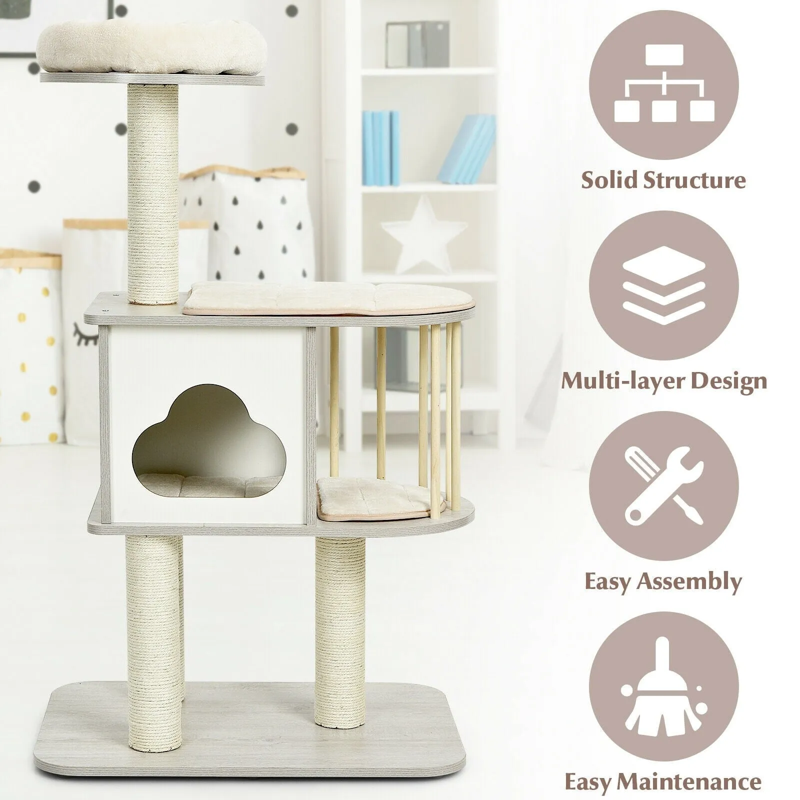 46" Wooden Cat Tree with Platform and Cushions - Grey