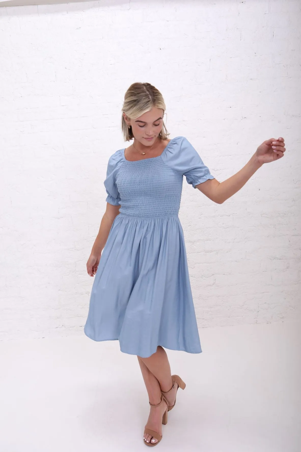 Annalise Smocked Dress in Light Denim (XS-2X)