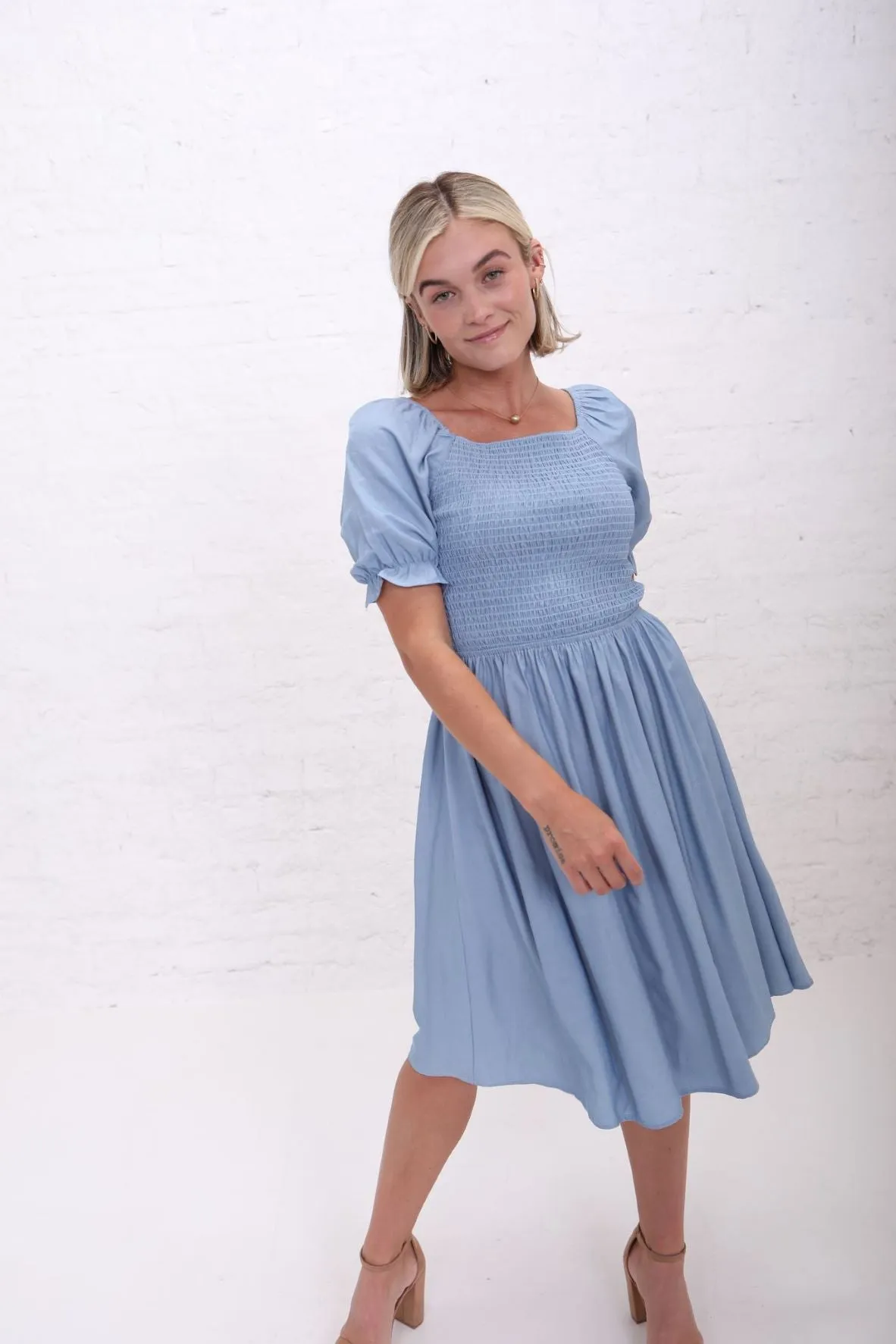 Annalise Smocked Dress in Light Denim (XS-2X)