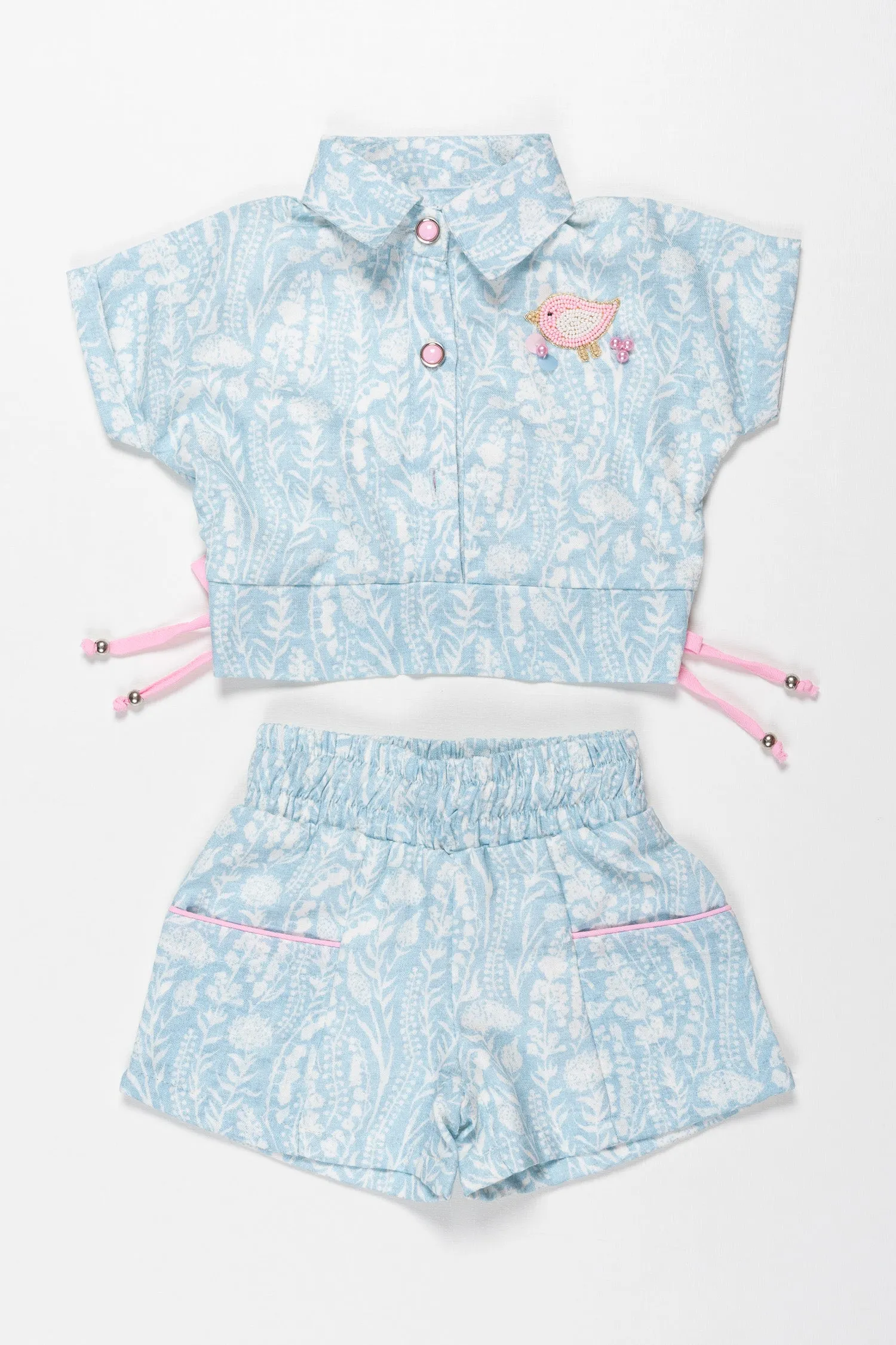 Chic Blue Leaf Print Baby Girls Shirt and Shorts Set