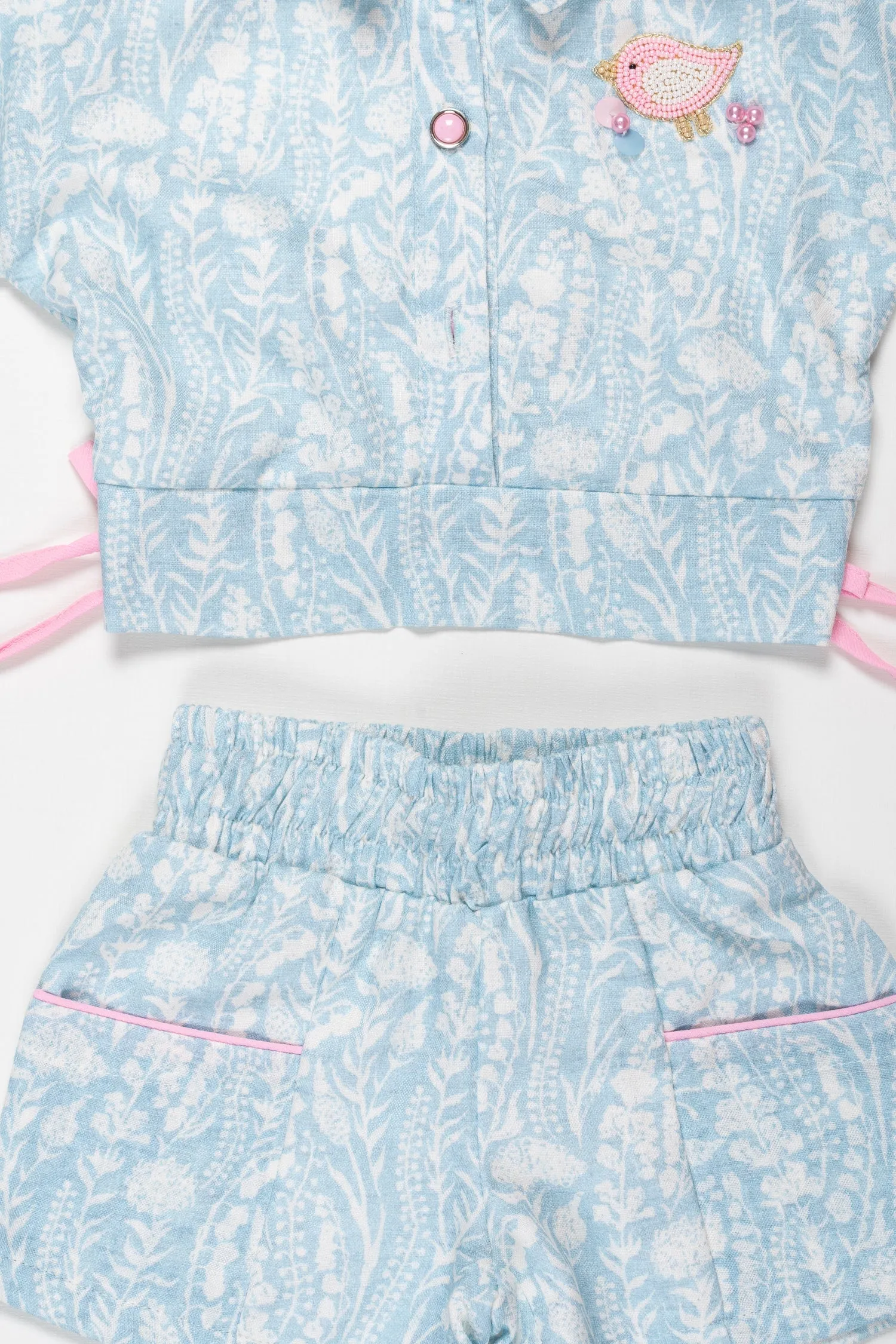 Chic Blue Leaf Print Baby Girls Shirt and Shorts Set