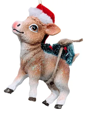 Christmas Cow Ornament Wearing Red Santa Hat