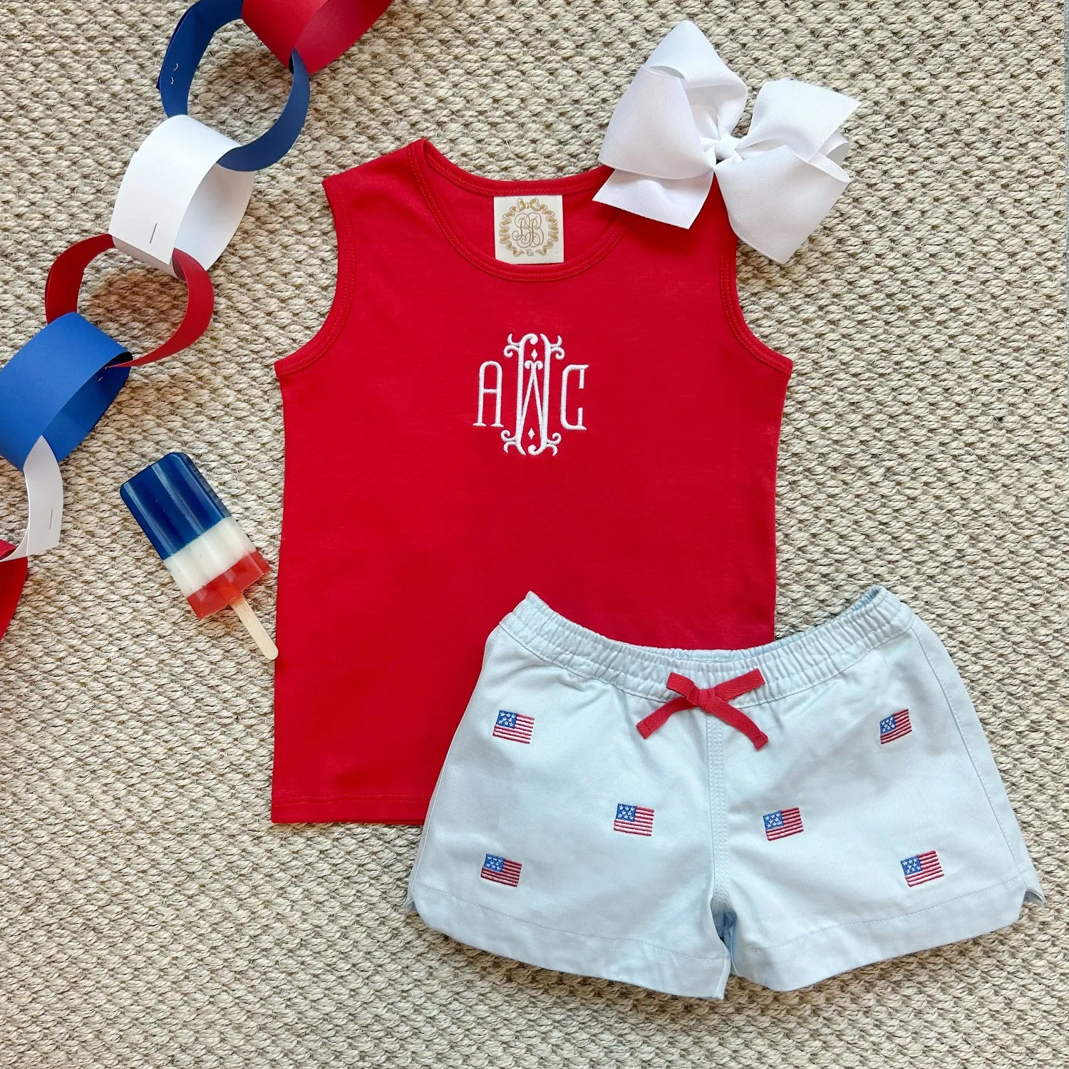 Critter Cheryl Shorts - Buckhead Blue & American Flag Embroidery with Richmond Red Bow