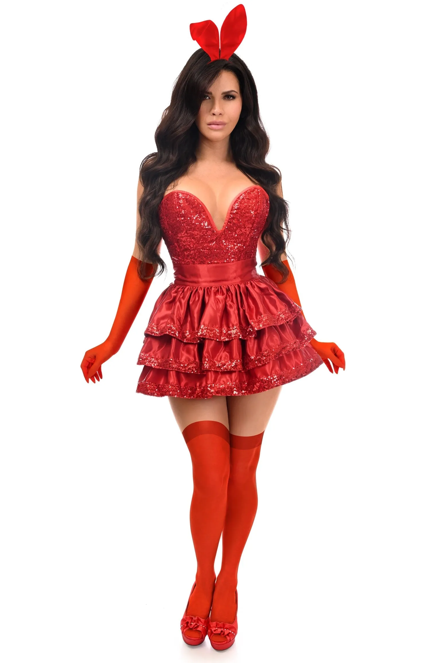 Fabulous 5 PC Red Sequin Playmate Bunny Corset Costume