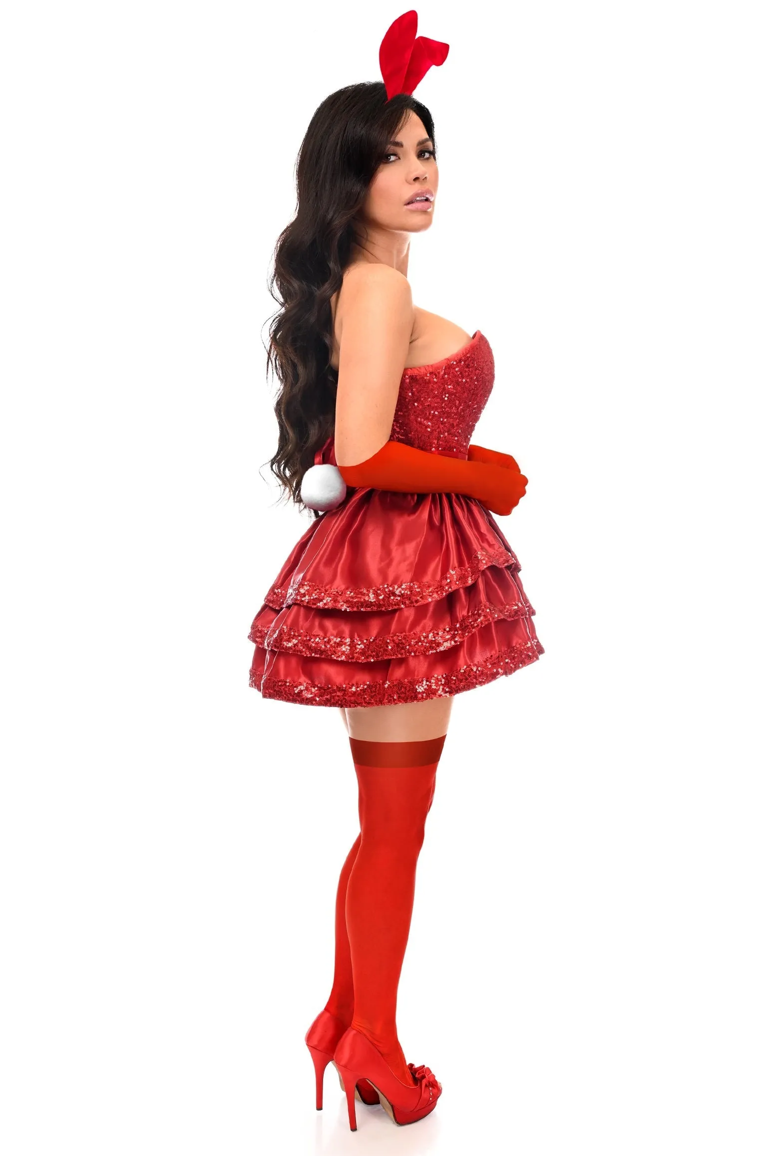 Fabulous 5 PC Red Sequin Playmate Bunny Corset Costume