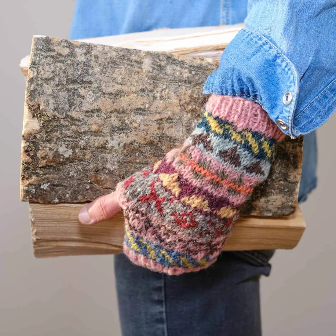 Fair Isle Fingerless Wool Mittens