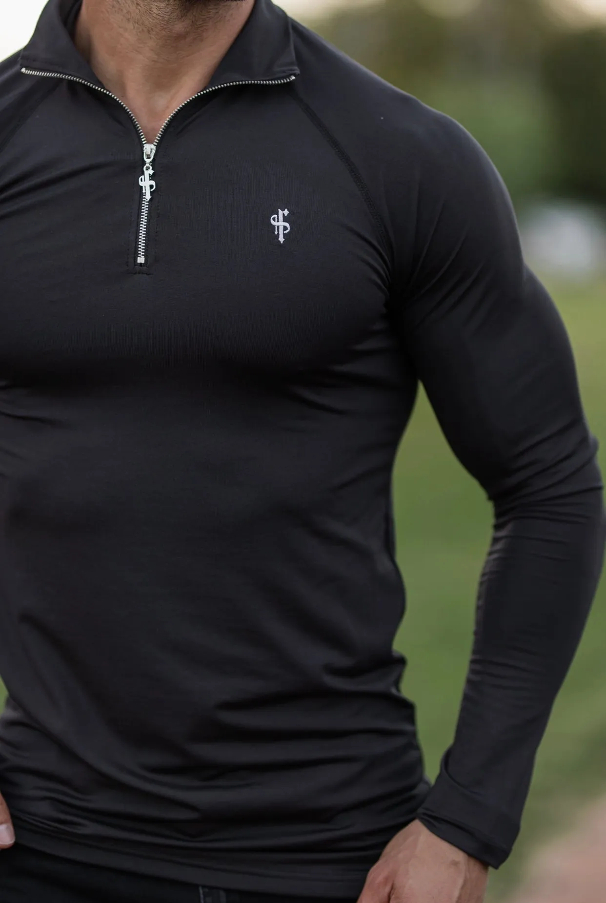 Father Sons Long Sleeve Solid Black Half Zip Gym Top - FSH634