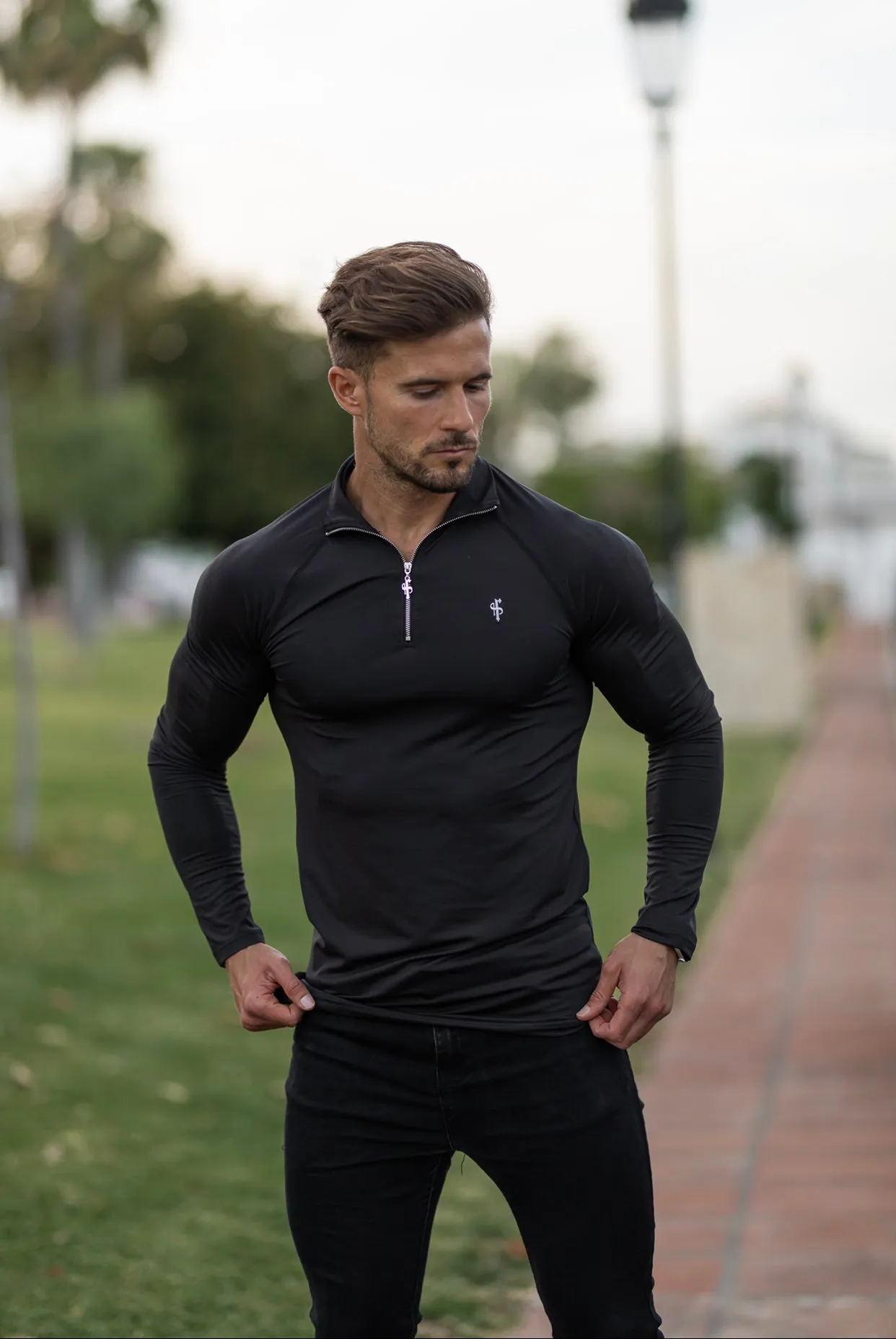 Father Sons Long Sleeve Solid Black Half Zip Gym Top - FSH634