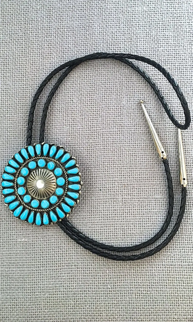 HERE COMES THE SUN Petit Point Sleeping Beauty Turquoise & Silver Bolo Tie