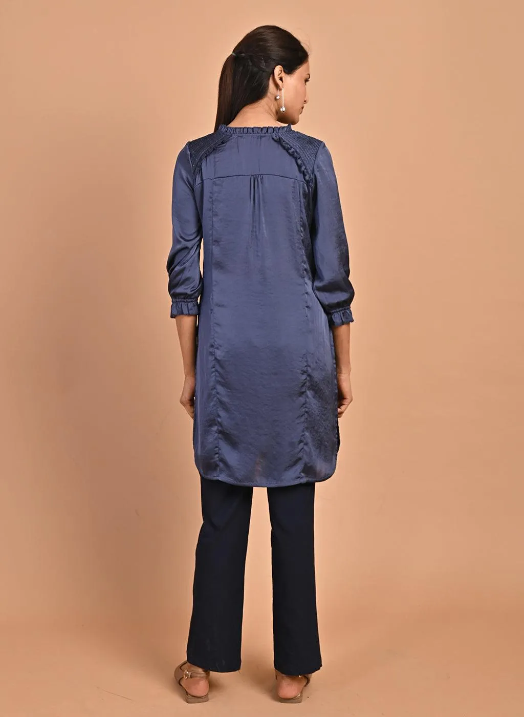 Navy Blue Satin Kurti with Sequin Work and Puff Sleeves