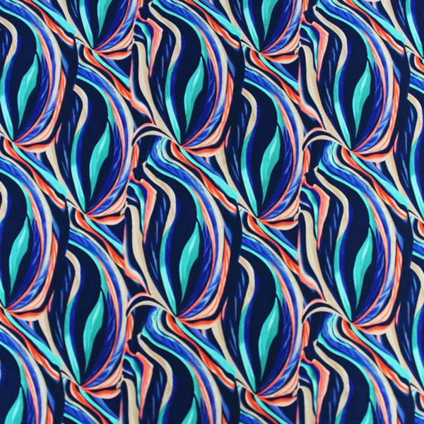 Orange and Navy Swirls Printed Spandex | Blue Moon Fabrics