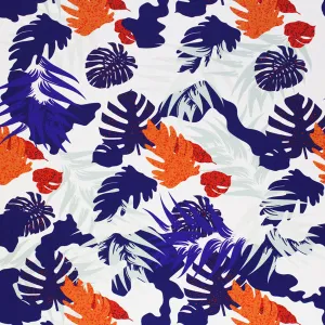 Purple and Orange Philodendron Printed Spandex | Blue Moon Fabrics