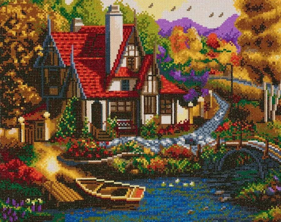 "Riverside Cottage" Framed Crystal Art Kit, 40x50 cm