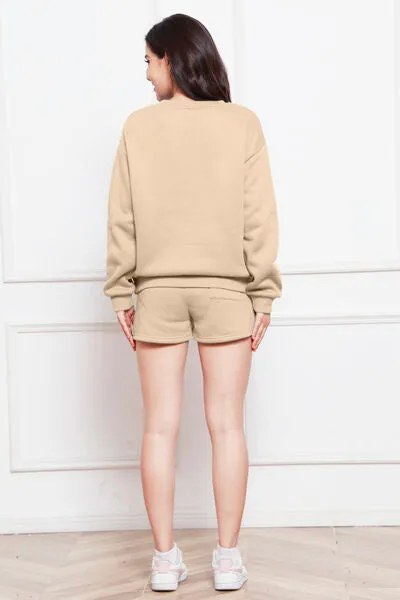 Round Neck Long Sleeve Sweatshirt and Drawstring Shorts Set