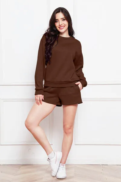 Round Neck Long Sleeve Sweatshirt and Drawstring Shorts Set