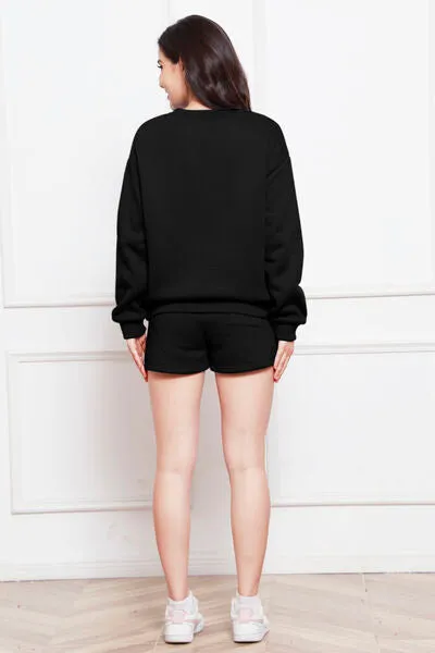 Round Neck Long Sleeve Sweatshirt and Drawstring Shorts Set