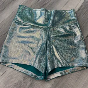 SALE - High Waist Booty Shorts - Jade Blue Holographic