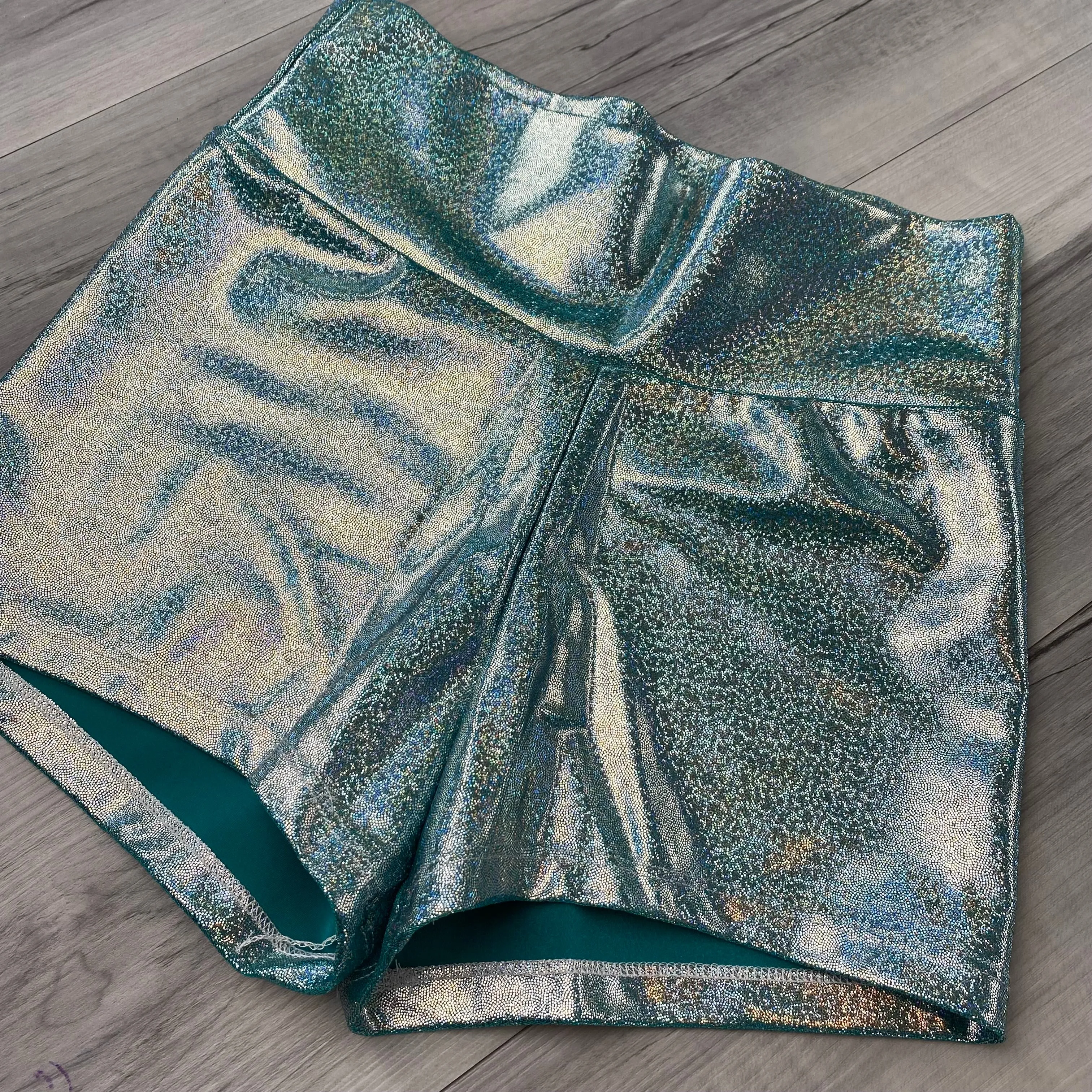 SALE - High Waist Booty Shorts - Jade Blue Holographic