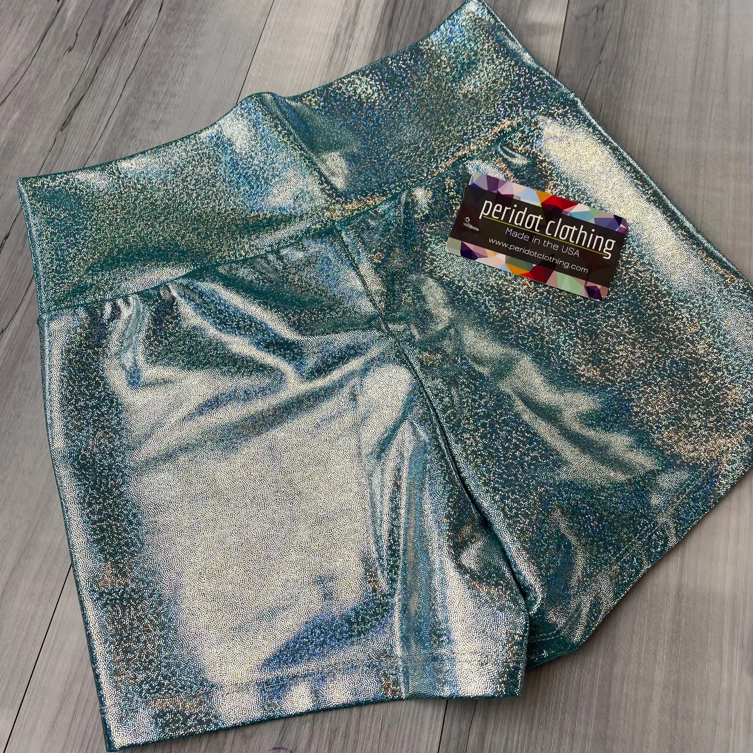 SALE - High Waist Booty Shorts - Jade Blue Holographic