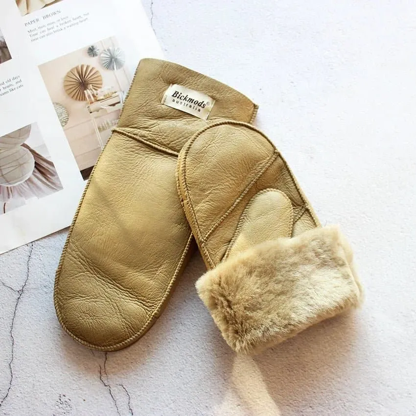 Sheepskin Leather Wool Mittens with Genuine Leather and Sheepskin Fur