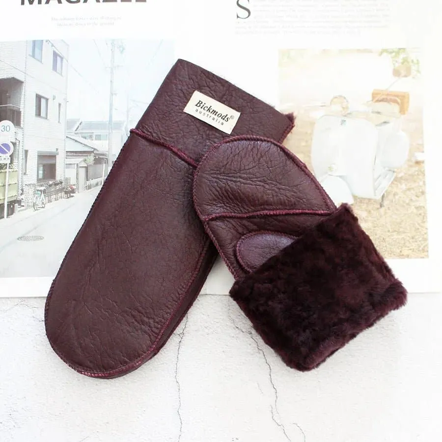 Sheepskin Leather Wool Mittens with Genuine Leather and Sheepskin Fur