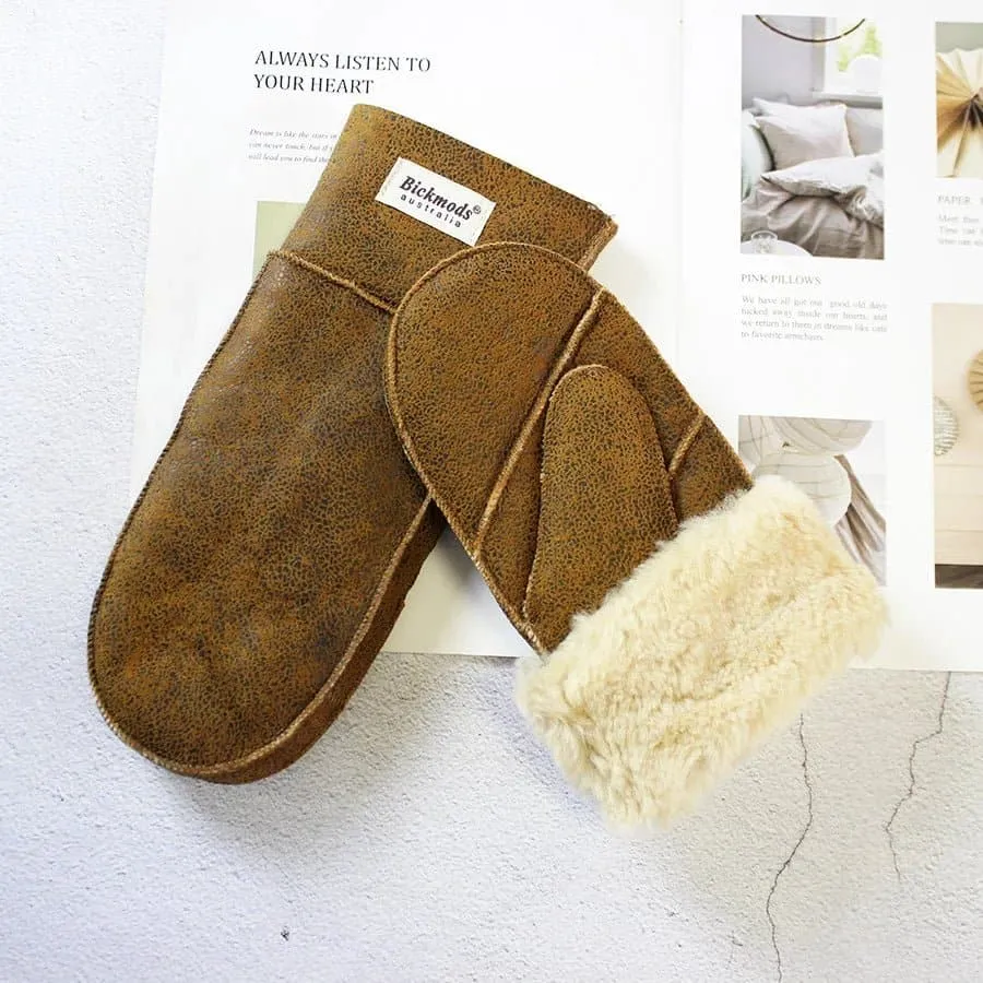 Sheepskin Leather Wool Mittens with Genuine Leather and Sheepskin Fur